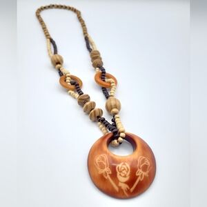 Boho Wood Bead Necklace Large Pendant Floral Design